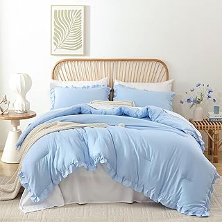 JANZAA Ruffle Light Blue Comforter Set Twin Size Comforter 3PCS 1 Emeral...