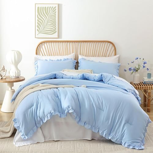 JANZAA Ruffle Light Blue Comforter Set Queen Size Comforter 3PCS 1 Emerald Comforter and 2 Pillowcases Vintage Farmhouse Shabby Chic Bedding Soft Fluffy Comforter Set All Season (Light Blue, Queen)