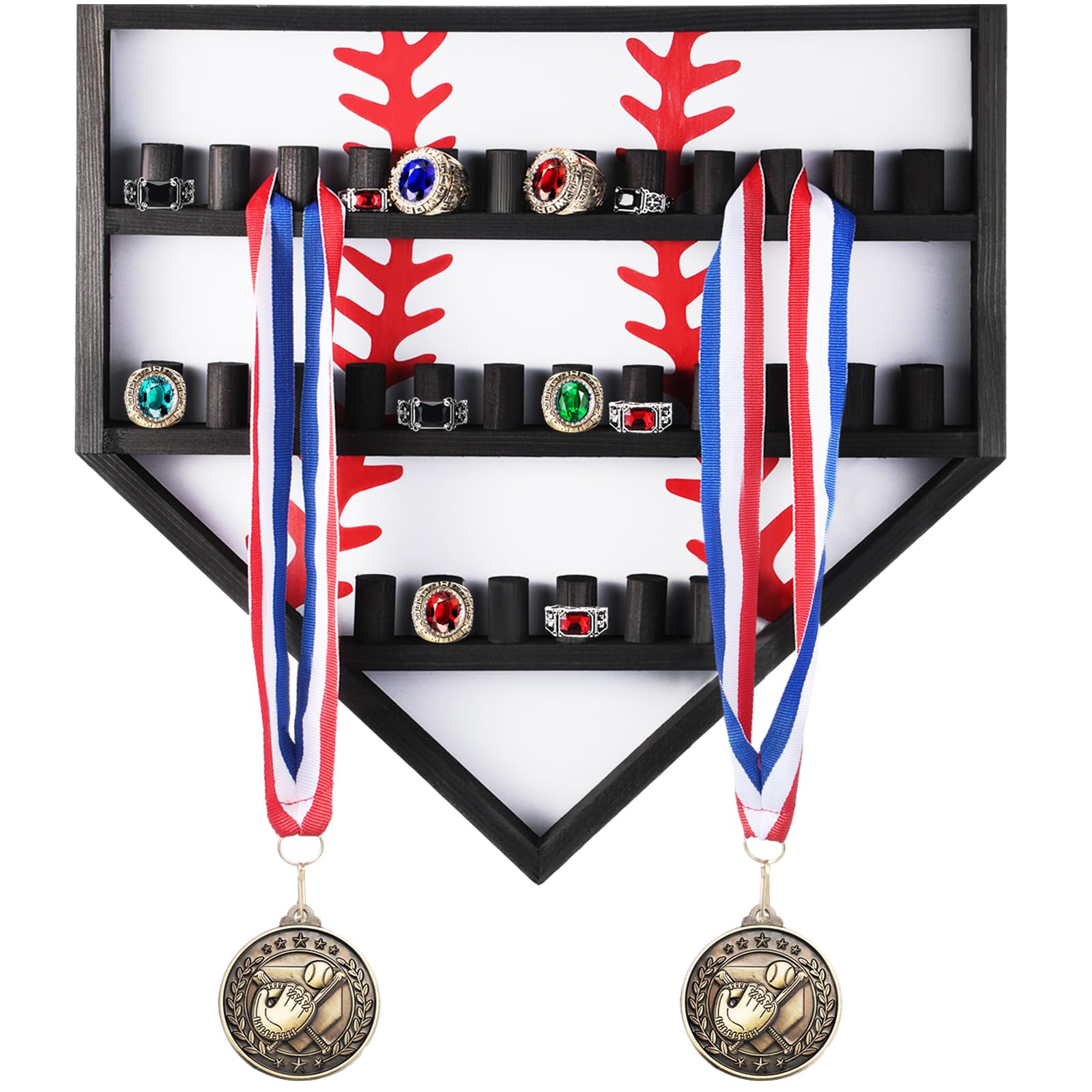 Menkxi Baseball Ring Display Case Wood Baseball Ring Holder Softball Championship Ring Holder Wall Mount Baseball Ring Stand Organizer for Medal