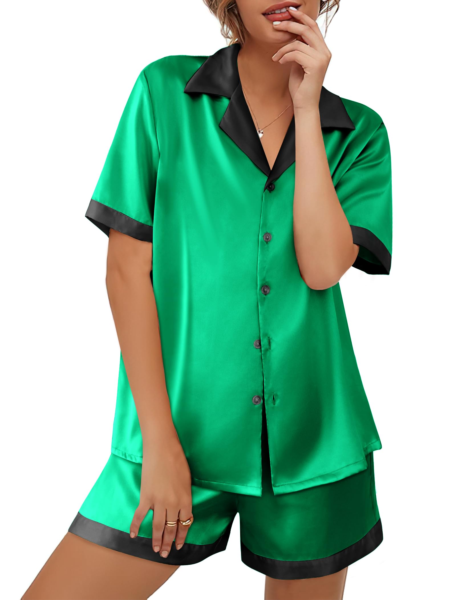 Ekouaer Womens Silk Satin Pajama Set Short Sleeve PJs 2 Piece Button Down Top and Shorts Notch Collar Sleepwear Sets Soft Pjs