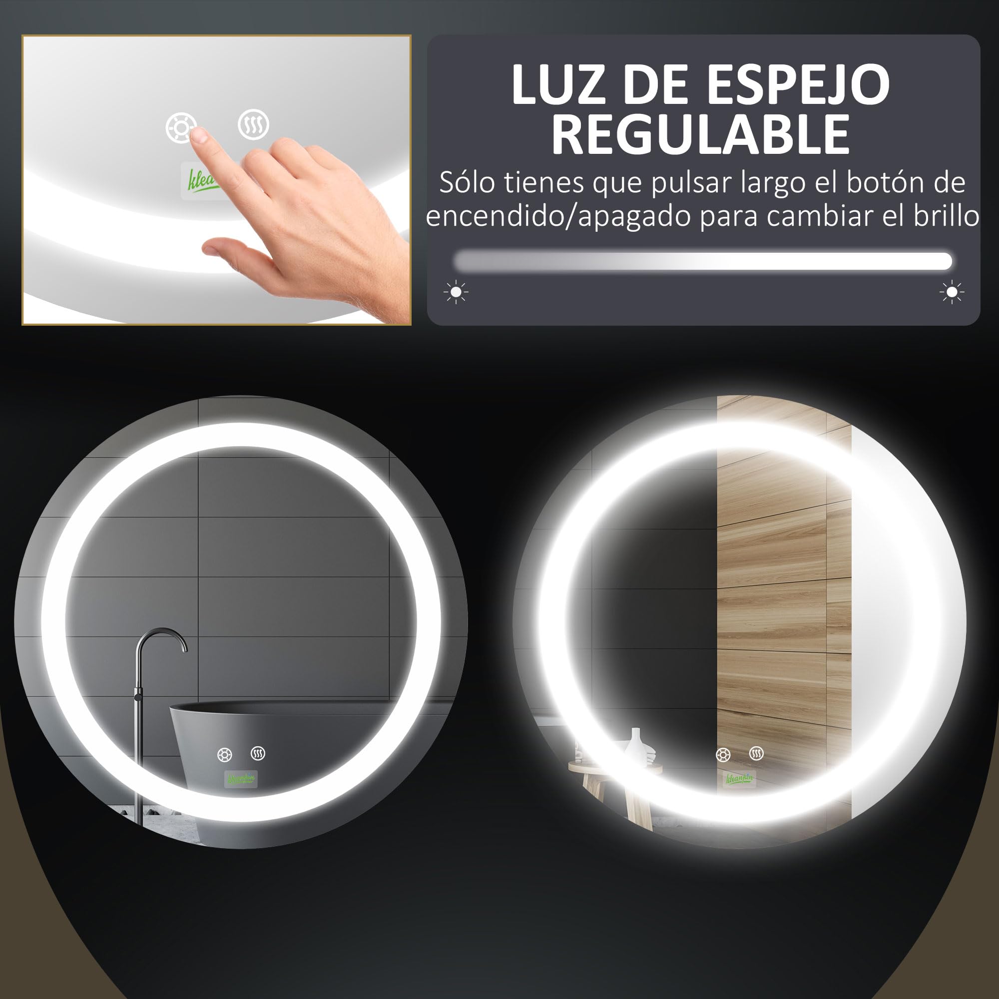 kleankin Espejo de Baño con Luz LED Redondo Ø50x4,6 cm Plata | De Pared, Interruptor Táctil, 3 Luces Ajustables, Función de Memoria, Antivaho, Marco de Aluminio, Pequeño