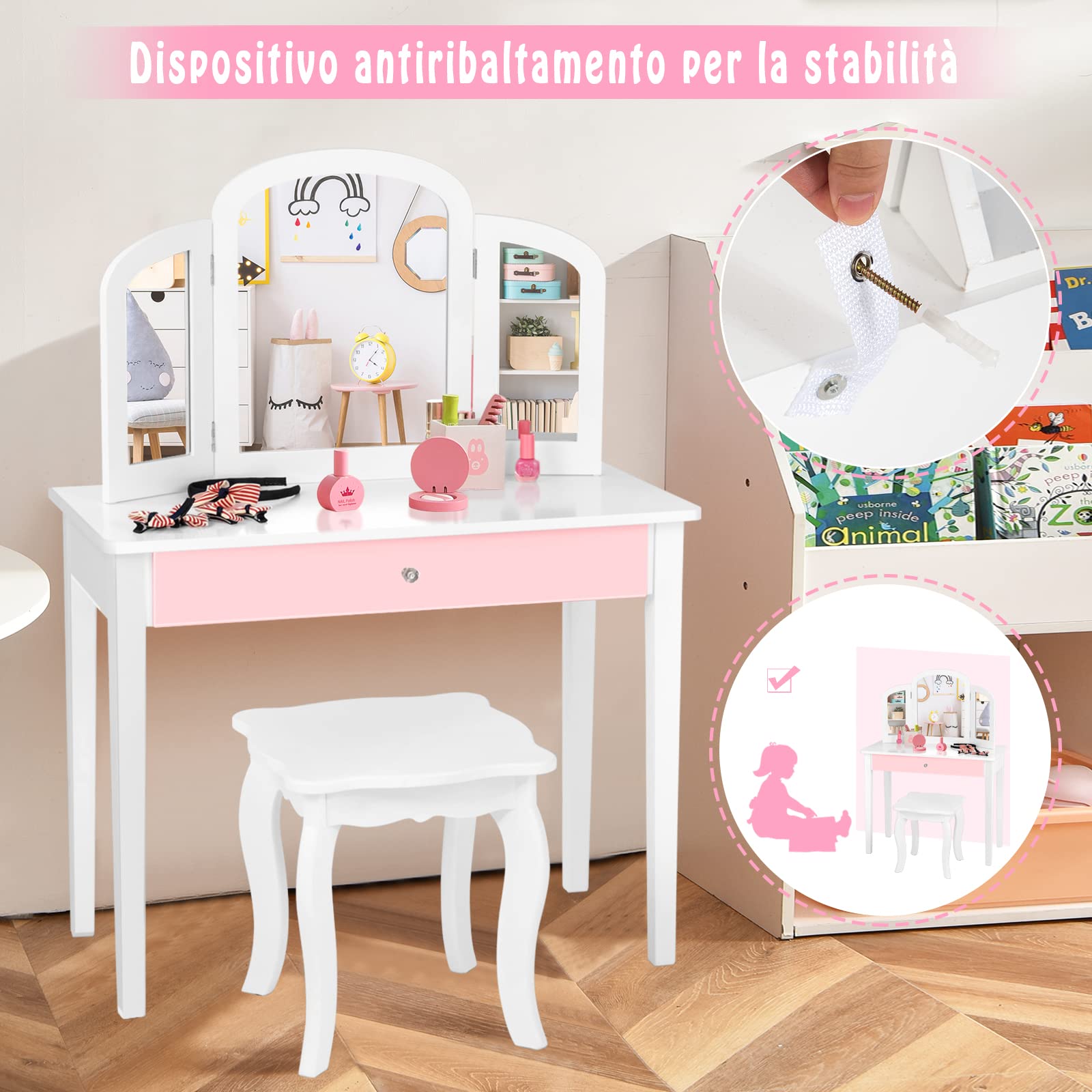 RELAX4LIFE Set Toeletta in Legno con Sgabello, Tavolo da Trucco con Cassetto con 3 Specchi per Bambini, Kit Toeletta da Trucco con Sedia per Bambine, Giocattolo da Trucco per Bambini (Bianca)