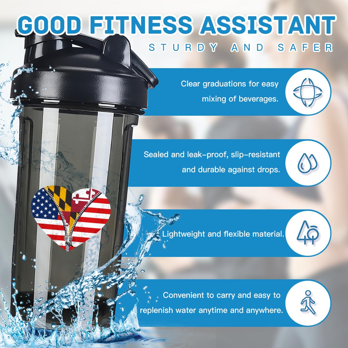 Heart America Flag and Maryland Flag 18 Ounce Shaker Cup,Fashion Theme Pattern Shaker Bottle Leak-proof Workout Shake Bottles 500ML/18 oz Perfect for Pre Workout