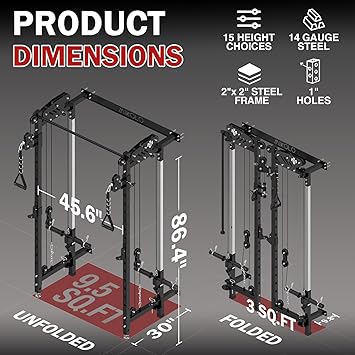 Mikolo Folding Squat Rack, Wall Mounted Power Rack with Cable Crossover Machine & LAT Pull Down, Functional Trainer with 5 Adjustable Function Modes, for Home Gym and Space Saving