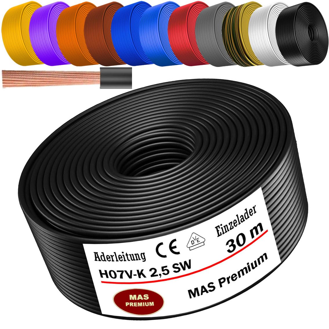 MAS Premium Câble conducteur H07 V-K 1 x 2,5 mm² HBL GRGE RT DBL BR OR GR WS VIO ou GE - Fil unique flexible de 5 à 100 m (noir, 30 m)