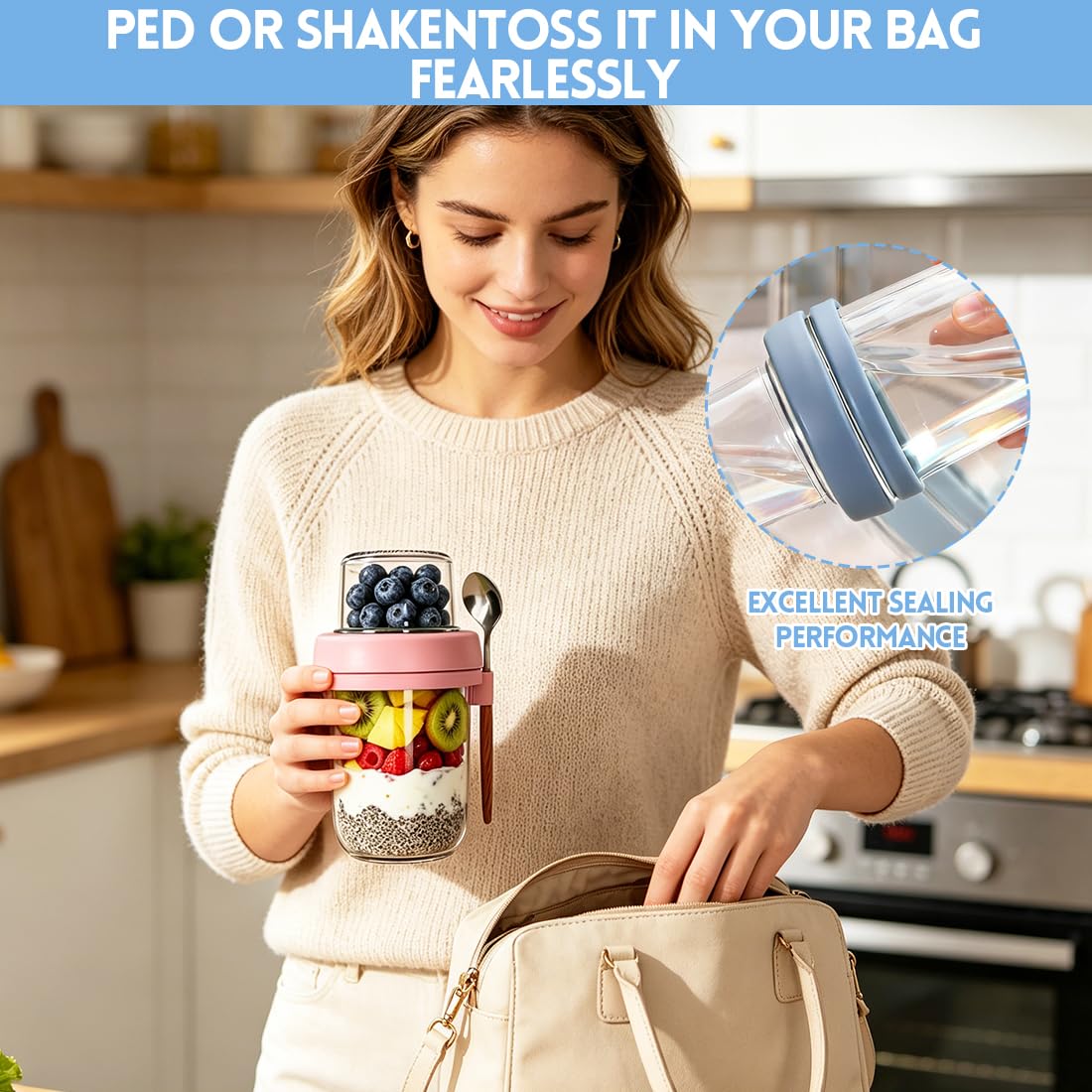 Overnight Oats - Set di 4 bicchieri per cereali, 480 ml + 120 ml, con coperchio, per yogurt e separazione del naso, per cereali, yogurt, insalata, colazione, lavoro, scuola, picnic, set da 4