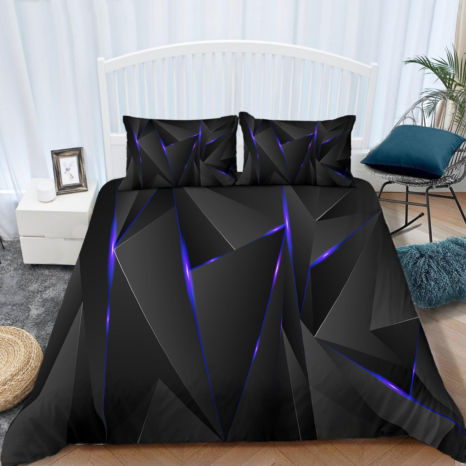 Copripiumino 135x200 cm Triangolo Solido Geometrico Nero Set Copripiumino in Microfibra Cotone, Reversibile Biancheria da Letto 3 Pezzi, Copripiumone con Cerniera e 2 Federe