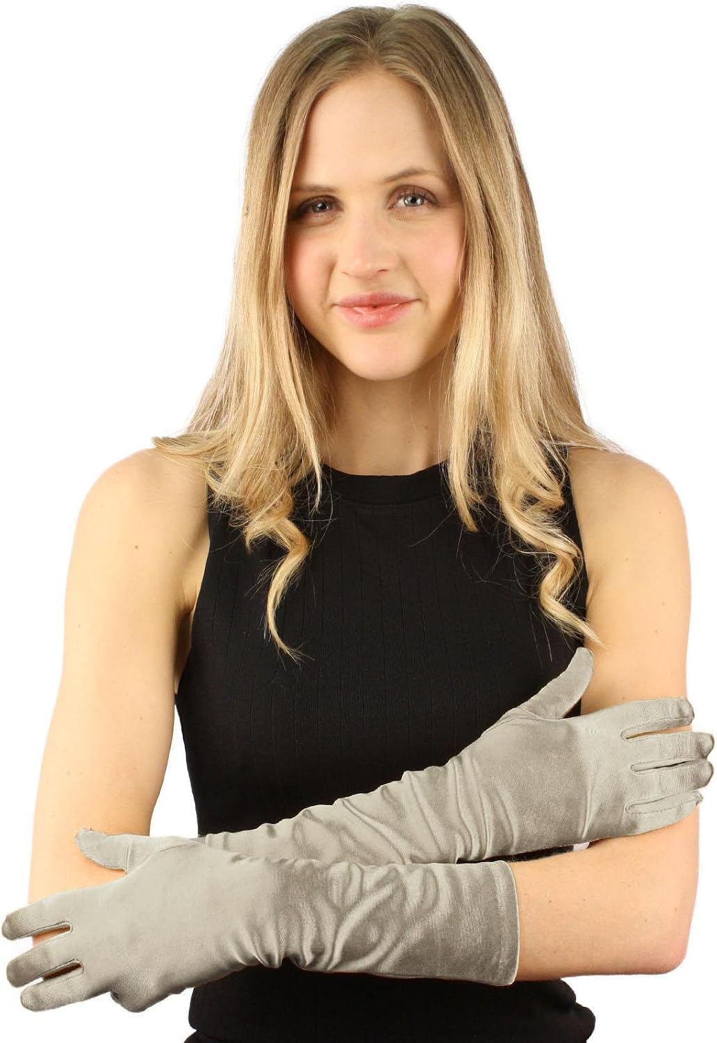 Elegant Satin Shiny Finish Stretchy 15" Evening 3/4 Length Dress Gloves Silver