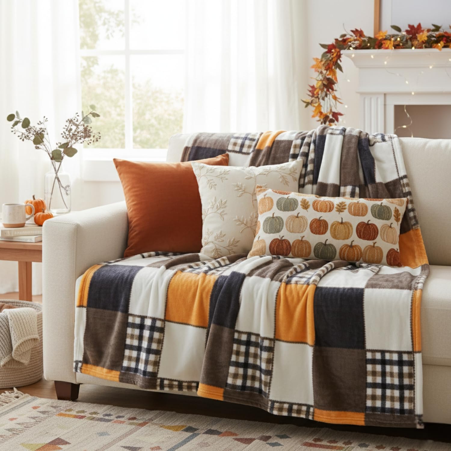 Tache Orange Plaid Blanket Fall Orange Farmhouse Super Soft Micro Fleece Plaid Patchwork Plush Lightweight Dual-Sided Decorative Couch, Sofa, Travel, Lap, Bed Throw Blanket, 63x87, Twin Size - Image 7