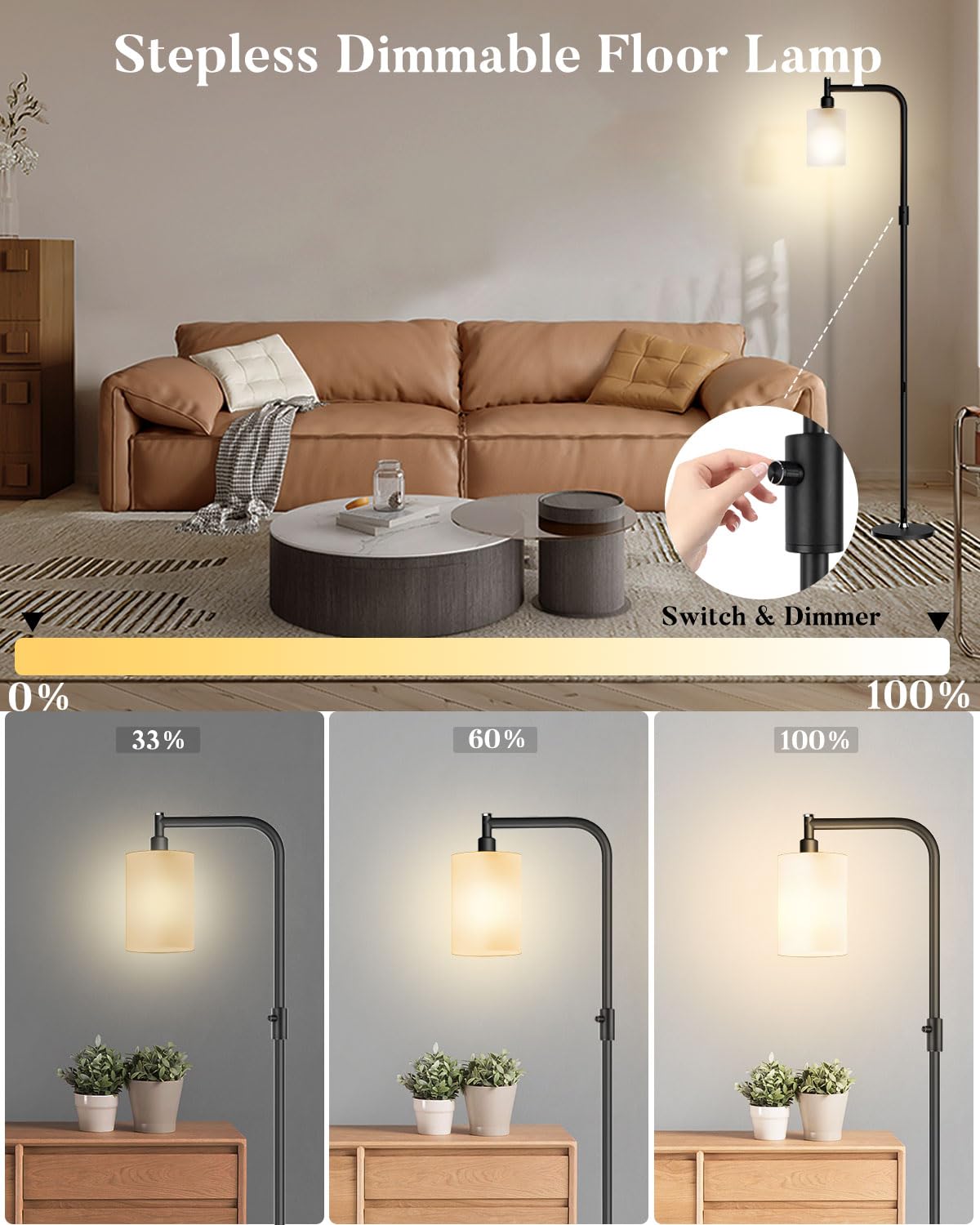 bulbeats 63IN Dimmable (Brightness Adjustable) Industrial Floor Lamp, Black Modern Standing Lamps with Frosted Glass Lampshade, E26 LED Bulb Included, Farmhouse Floor Lamp for Living Room Bedroom