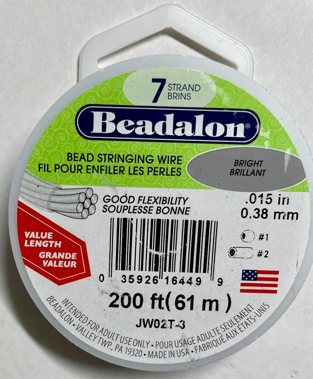 7 Strand Bead Stringing Wire Bright .015 in / 0.38 mm, 200 ft / 61 m