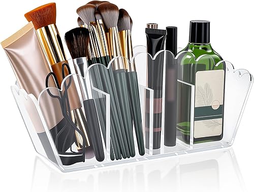 Miniatura 8 de Portalápices acrílico festoneado, organizador de escritorio transparente con 4 compartimentos, soporte para brochas de maquillaje y organizador