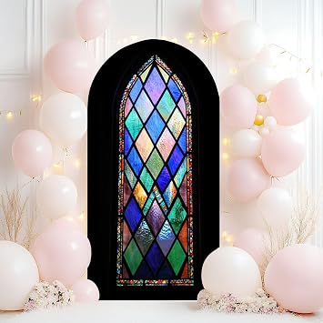 Wedding Arch Backdrop Cover 7.2FT Stained Glass Window Historic Church Spandex Fitted Arch Cover Round Top Stands Cover for Birthday Party Ceremony Banquet Decoration