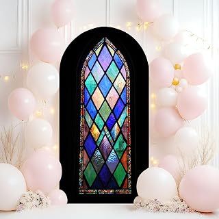 Wedding Arch Backdrop Cover 6.6FT Stained Glass Window Historic Church Spandex Fitted Arch Cover Round Top Stands Cover for Birthday Party Ceremony Banquet Decoration