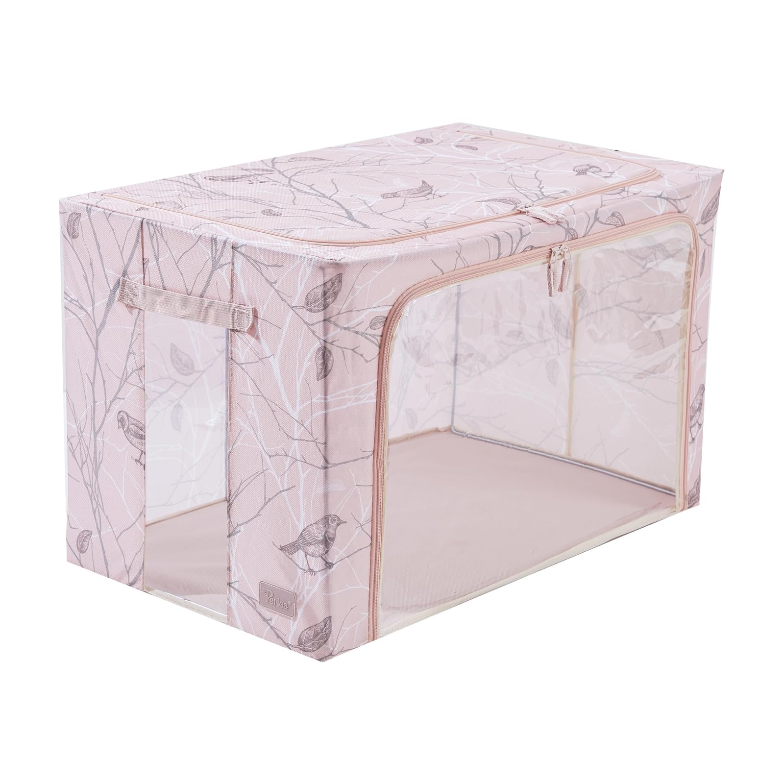 Periea ‘Beau’ Folding Collapsible Stackable Fabric Home Storage Boxes with Steel Frames (Blush Birds, Jumbo)