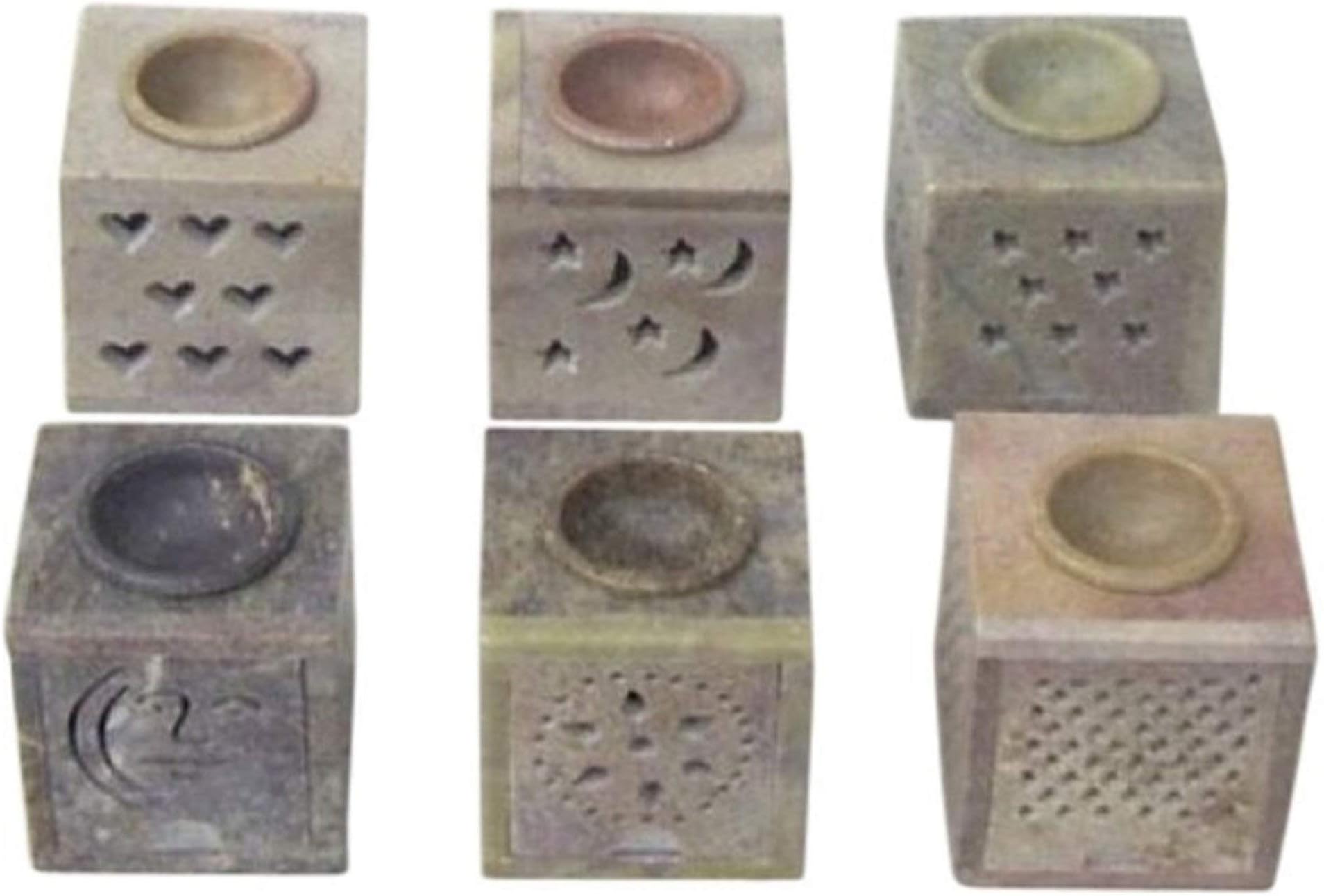 Soapstone Aroma Lamp Candle Holder Oil Diffuser Centerpiece Set of 4 Square Shaped with Intricate Different engraving designs Beautiful Home Decor Idea Decorative Home Decor Oil Burner Tabletop
