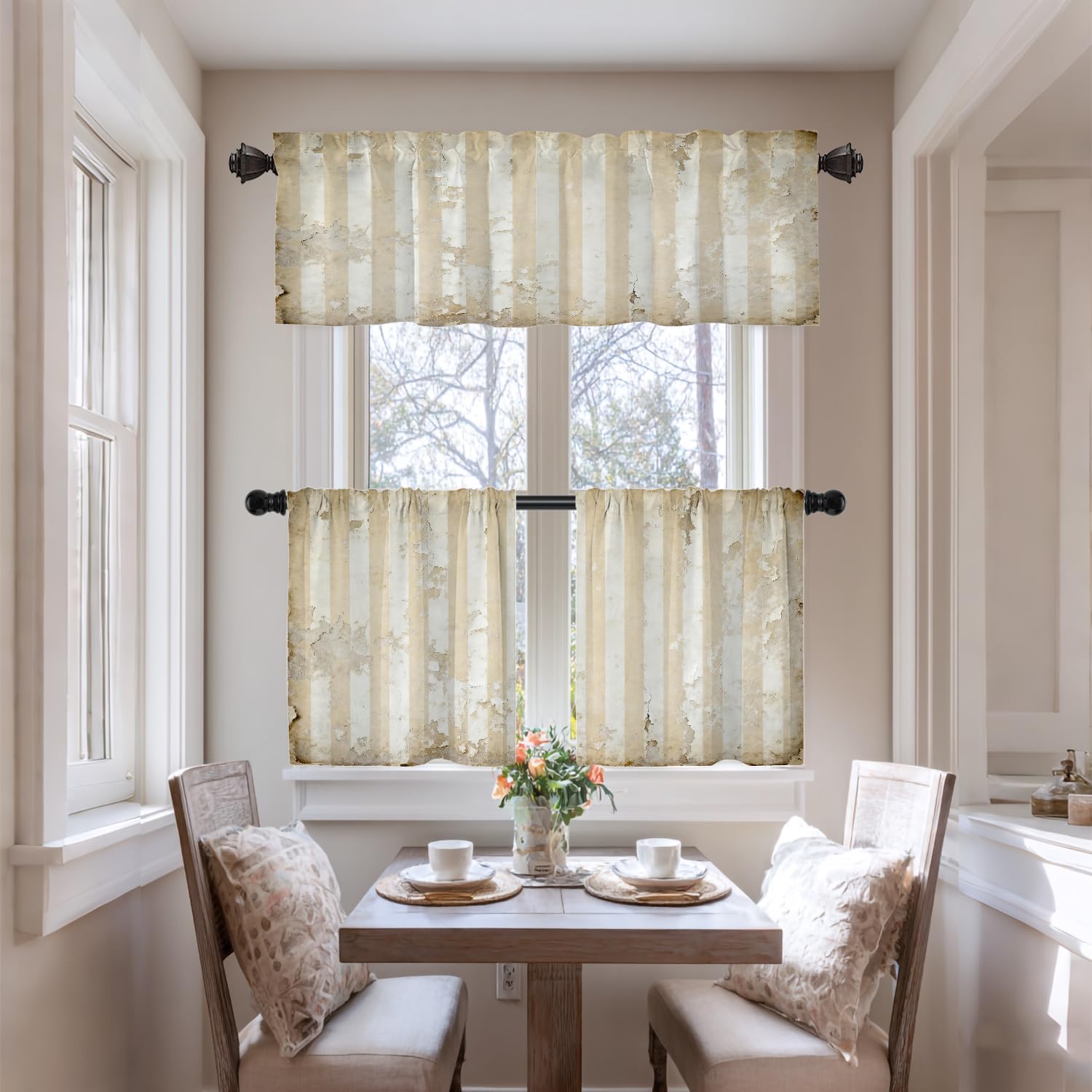 Vintage Brown Beige Blackout Kitchen Curtain, White and Gold Stripe Chic Pattern Window Treatment Rod Pocket Light Filtering Bathroom Short Valance 1 Pack 52X18 Inches