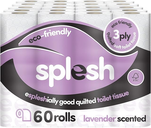 Splesh by Cusheen Toilet Tissue Roll Bulk Buy (60 Toilet Rolls) - Eco-Friendly, Soft & Quilted 3-Ply Toilet Paper, Made from Sustainably Sourced Pulp - Lavender Fragrance