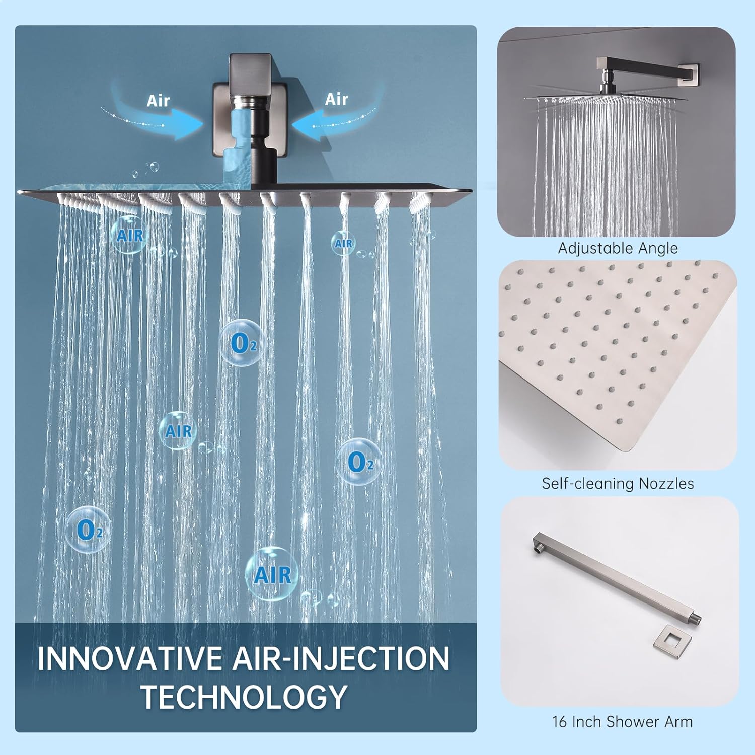 Thermostatic Rain Shower System, 12 Inch Wall Mounted Shower Faucet Set with 6 Body Spray Jets and Valve, Can Control Water Flow and Run All Together, Brushed Nickel