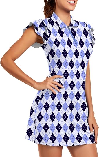 Soneven Tennis Dress for Women Floral Ruffle Sleeve Golf Dresses with Shorts and Pockets 1/4 Zip Golf Outfits