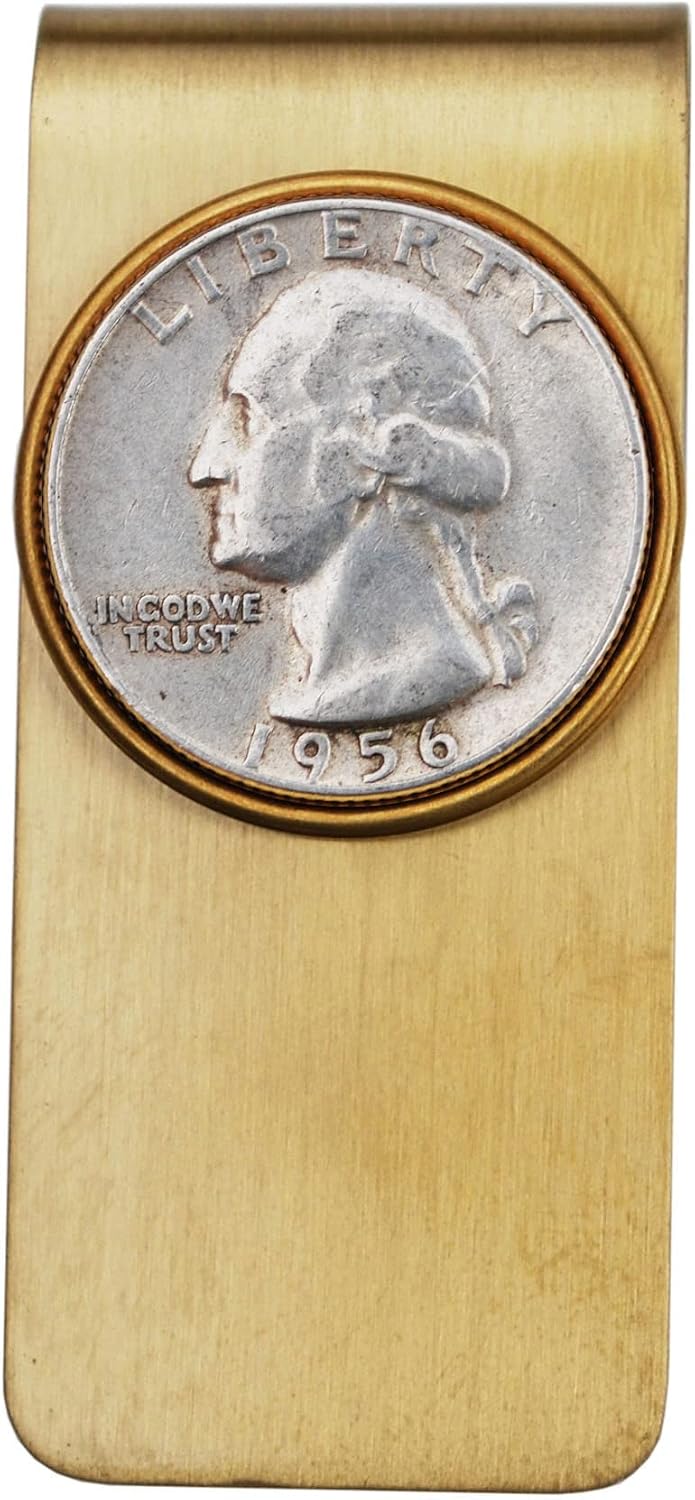 US 1956 Washington Quarter 90% Silver 25 Cent Coin Solid Brass Money Clip New - High Quality - Original Color without Any Plating