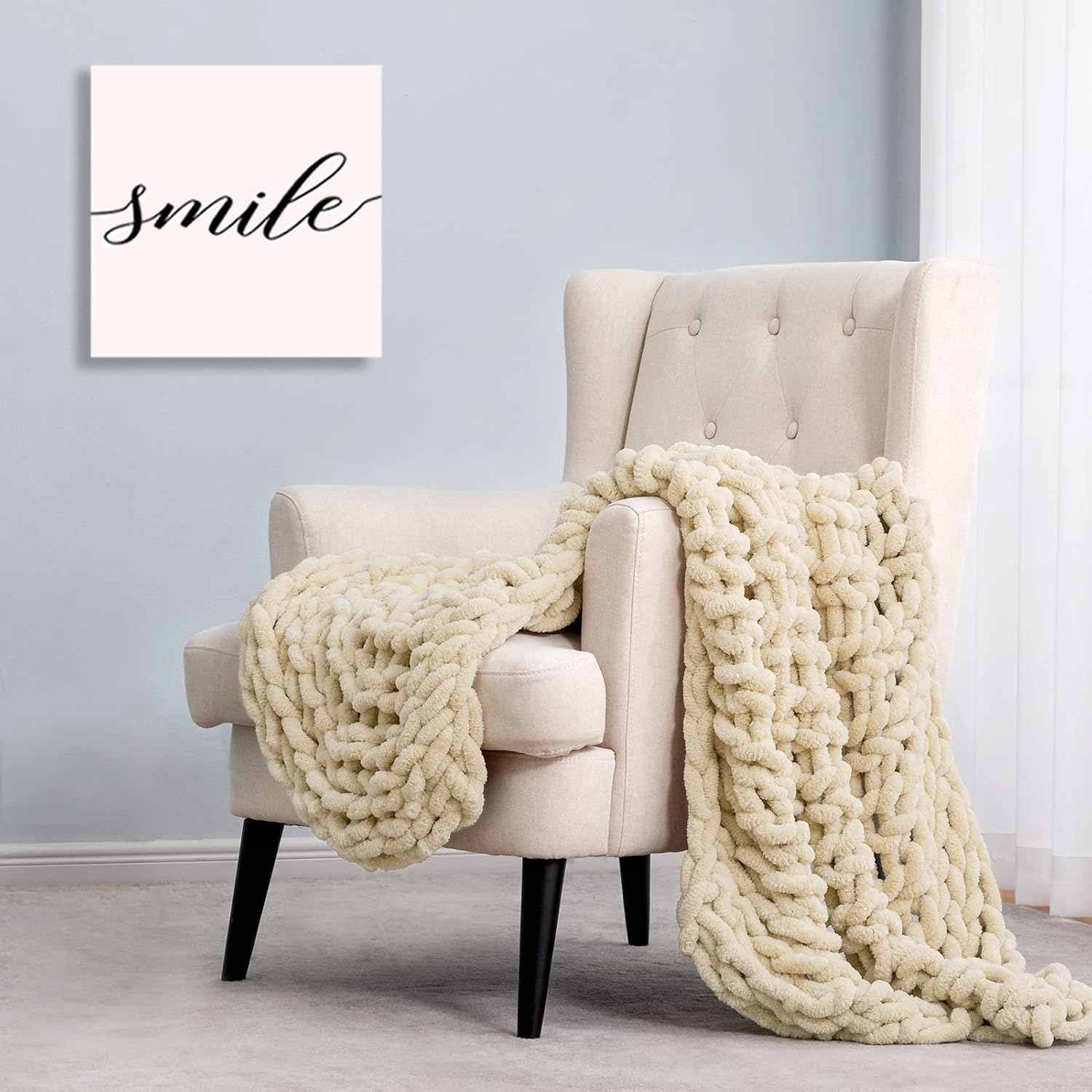 HBlife Chunky Knit Throw Blanket 40X40 Inches, Super Warm Soft Chenille Yarn Cable Knitted Blankets and Throws Boho Giant Cozy Thick Crochet Blanket for Sofa Bed Couch, Beige