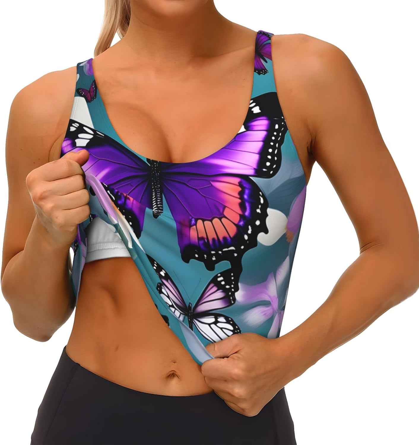 Purple Butterfly and Flowers Print Women's Sports Bra Tank Tops,Longline Sports Bras for Yoga,Workout and Running