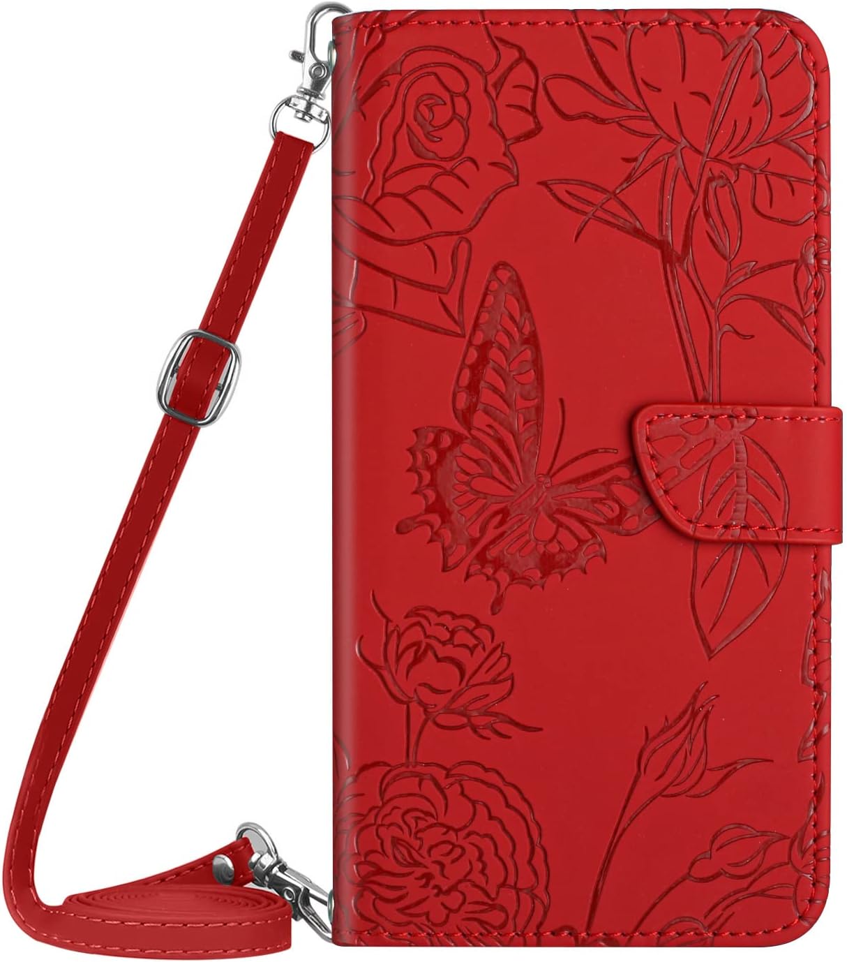 Phone Case Compatible with Vivo Y72 5G - 1,5M Strap Butterfly Flower Leather Case Anti-Seismic Bumper Kickstand Magnet Card Holder Cover for Vivo Y72 5G / Vivo Y52 5G / Vivo Y53S [HD] -Red