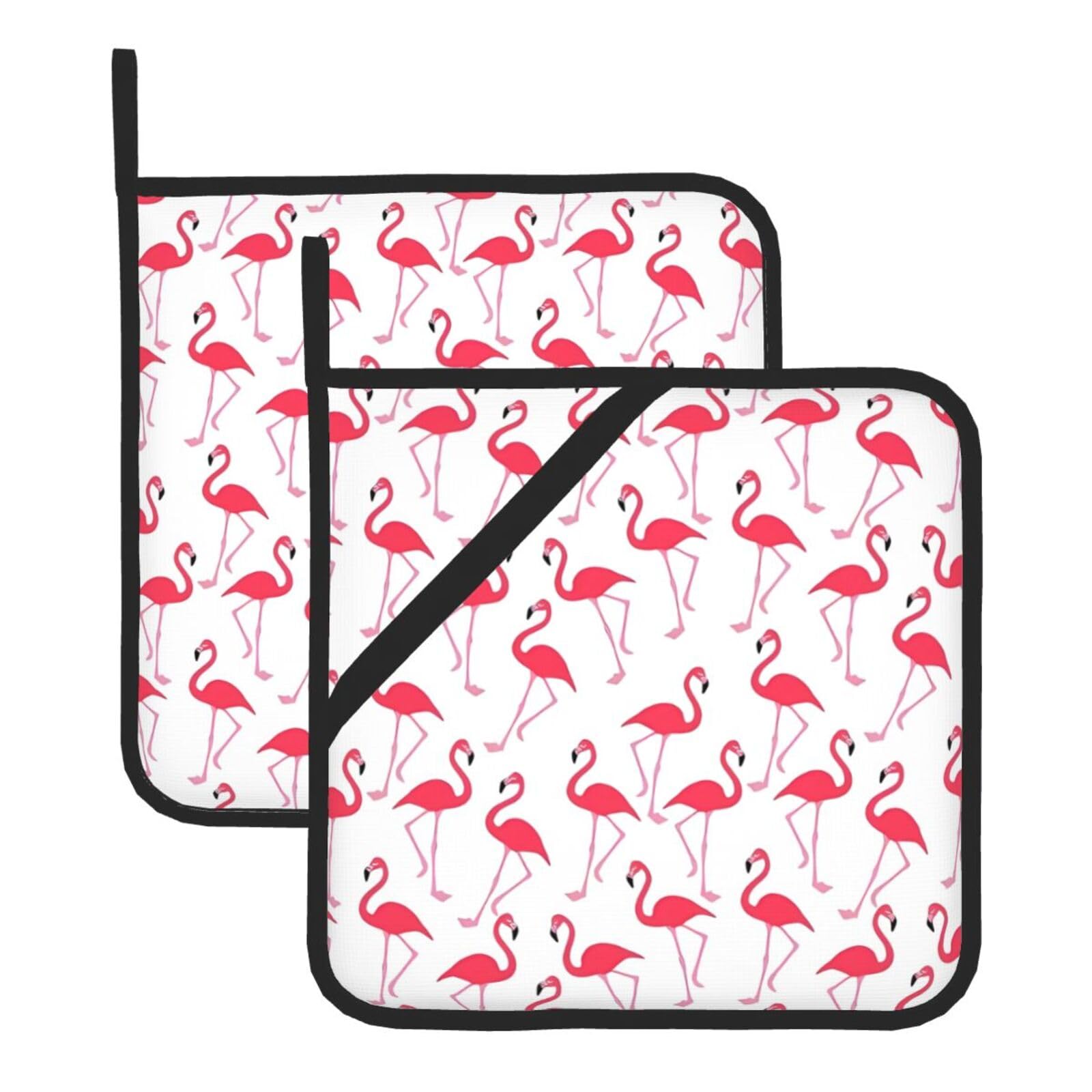 WHJSHOP Pink flamingo pattern Prints Square Pot Holders - Waterproof Heat Resistant Kitchen Throw Pads for Hot Bowls & Dishes, Durable Oven Mitt Layers with Hanging Loop - Set of 2