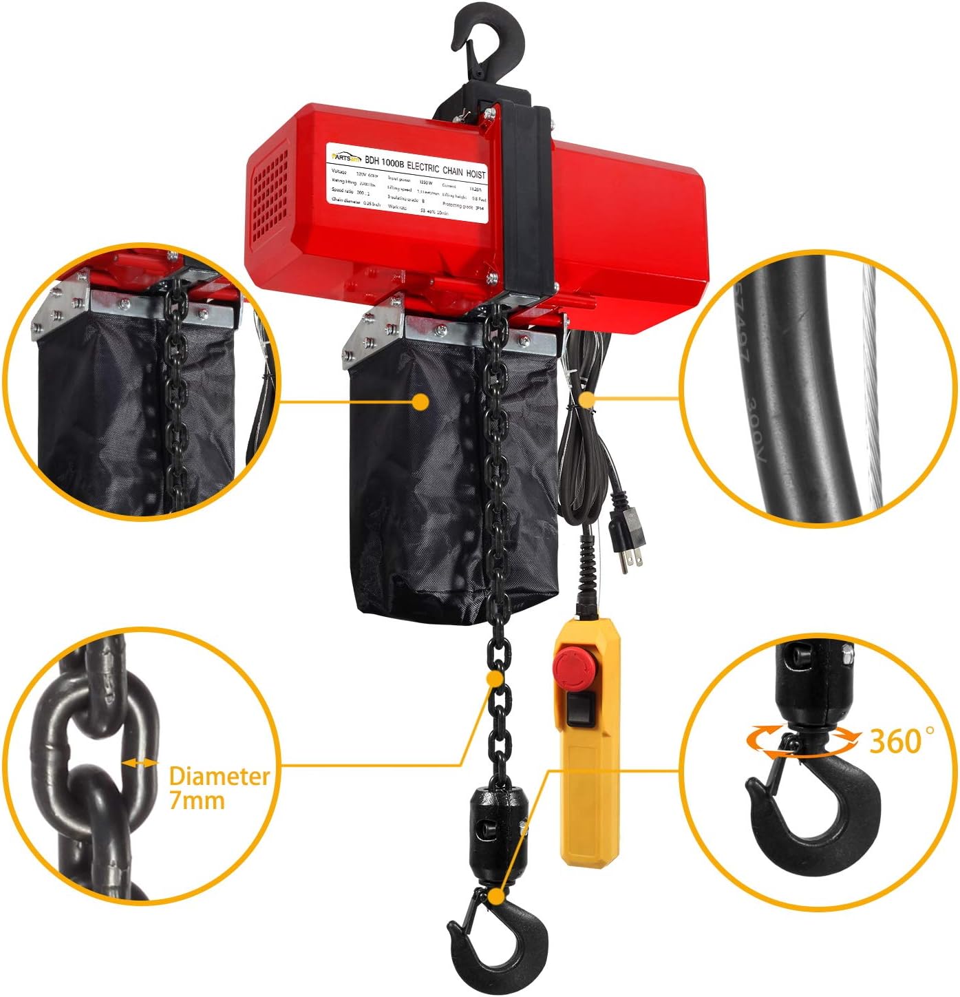 Partsam 2200lbs Chain Lift Electric Hoist Single Phase 10ft Lift Height Overhead Crane Ceiling Winch Hook Mount G80 Chain Hoist 1 Ton w/Pendant Control and Towing Strap Sling (1Ton, 110V) : Industrial & Scientific