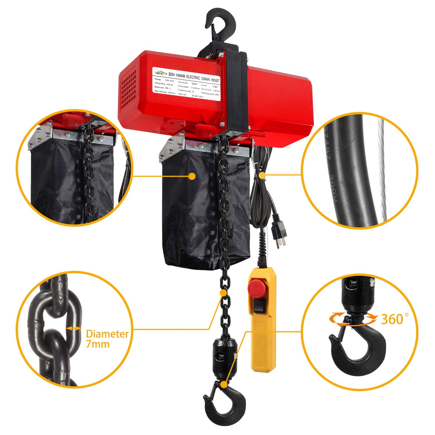 Partsam 2200lbs Chain Lift Electric Hoist Single Phase 10ft Lift Height