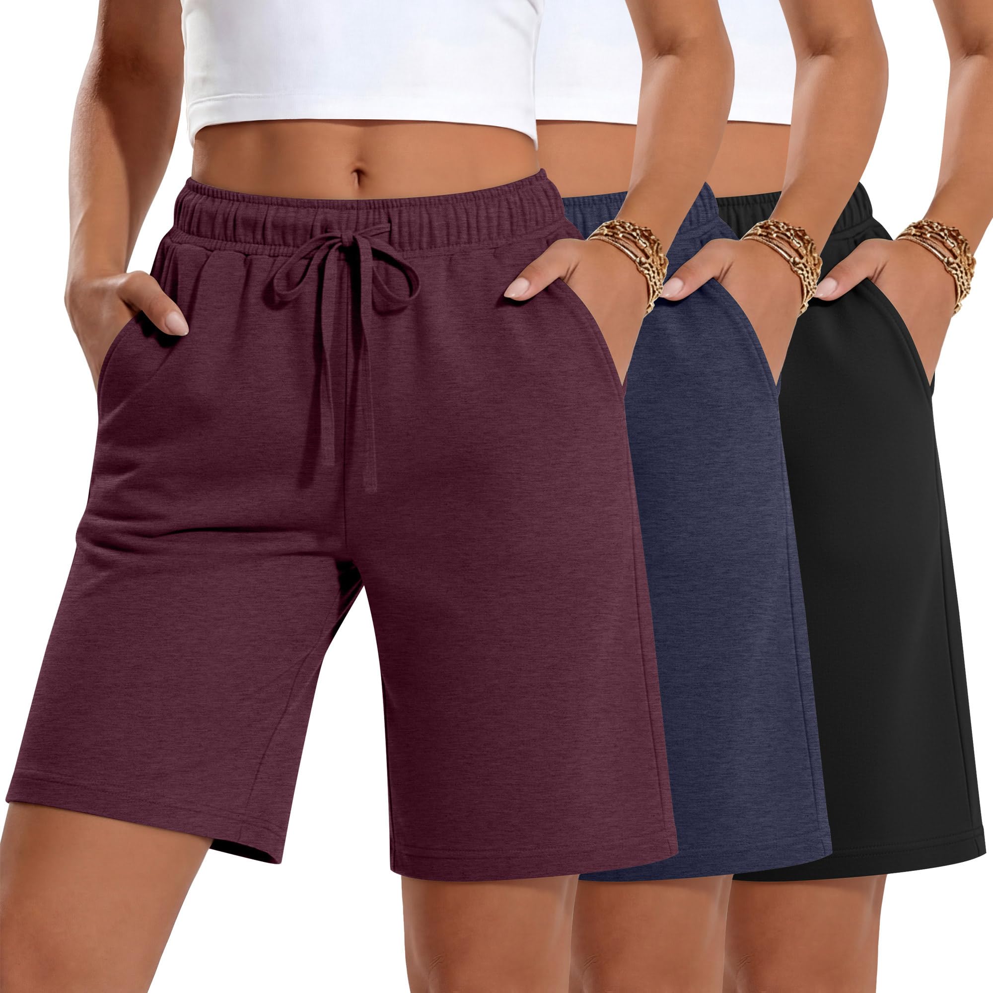 Neer 3er-Pack Damen-Bermuda-Shorts, Jogger, Yoga, Sweatshirt, Walking, kurze Laufhose, knielang, Sport, Kordelzug-Shorts mit Taschen