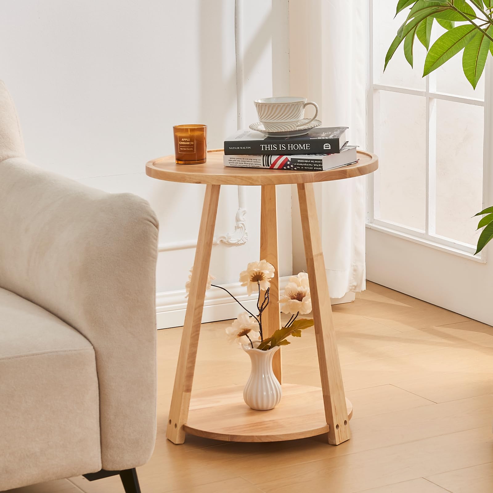 Uniclinens Wood Round End Table - Small Round Side Table with Lower Shelf for Living Room Sofa Couch, Bedroom Wooden Nightstand, Walnut