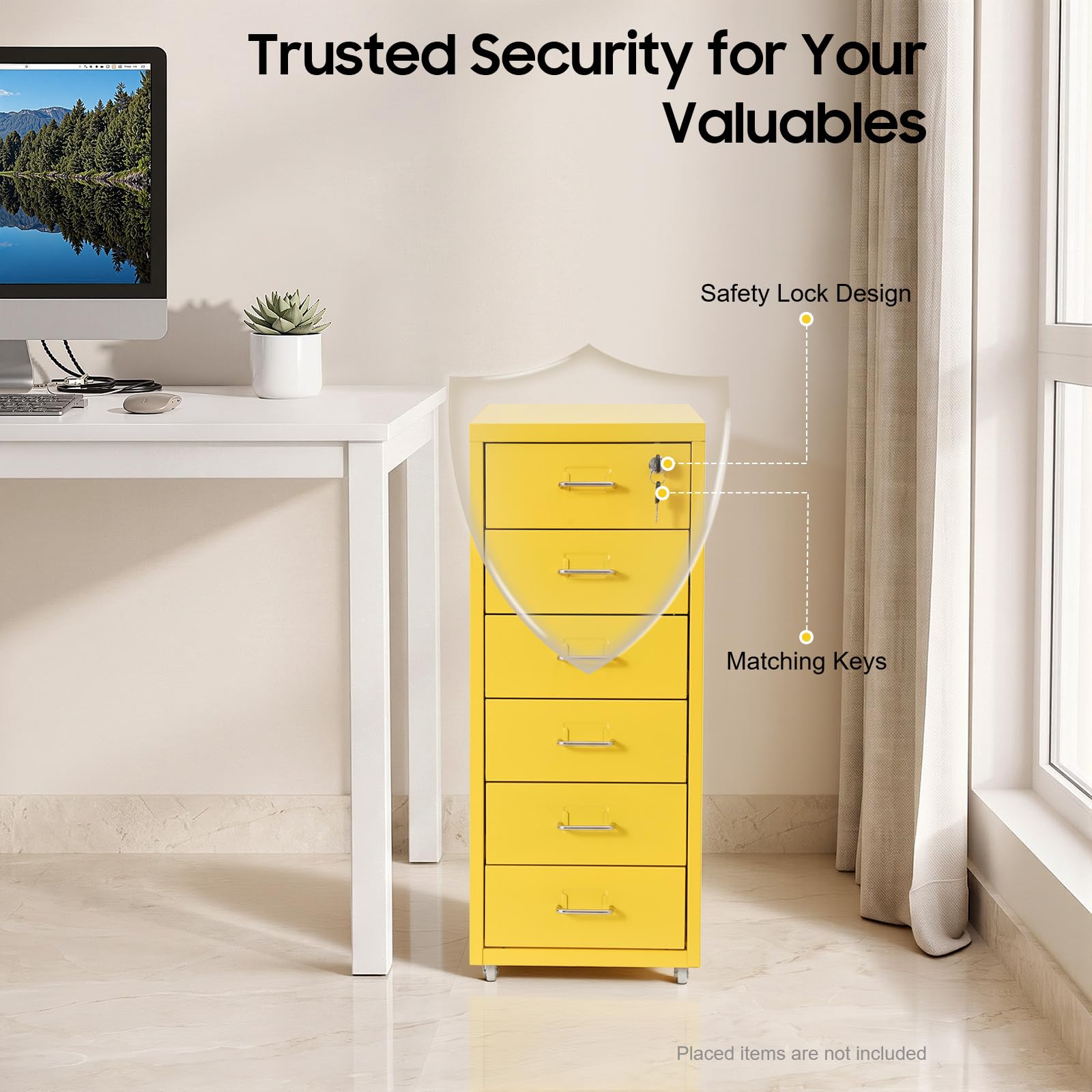 Cassettiera con 6 cassetti in metallo richiudibile (giallo), 28 x 41 x 69 cm, superficie liscia, armadietto mobile, molto spazio, per ufficio, casa, scuola