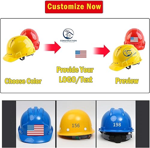 Miniatura 2 de Cascos de construcción personalizados con cualquier logotipotexto, gorra de ala completa, con suspensión de trinquete de 4 puntos con ventilación