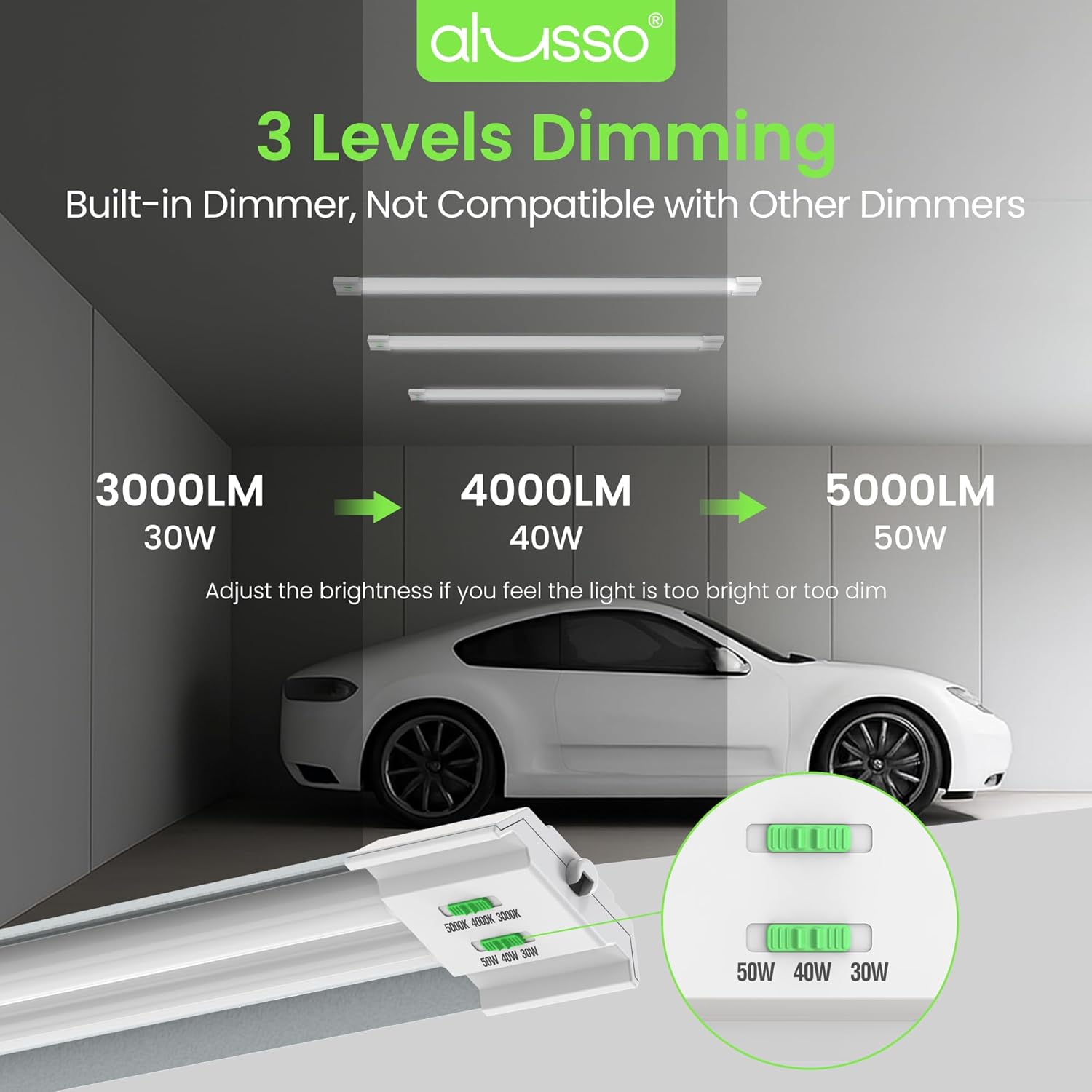 ALUSSO® LED Shop Lights 4FT for Garage 1 Pack, 3CCT 3000K/4000K/5000K Selectable, 30W/40W/50W Linkable LED Shop Light for Workshop