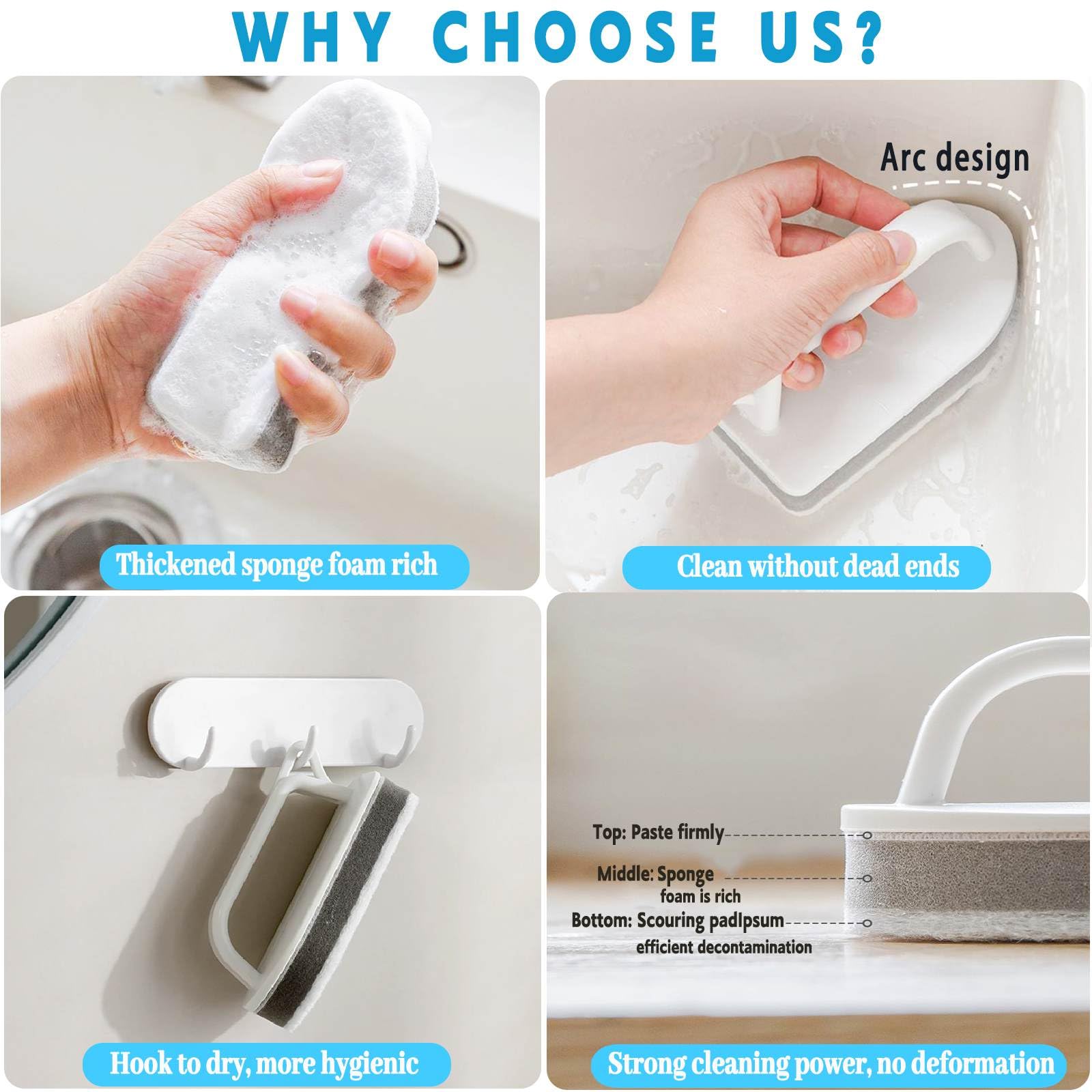 Brosse à récurer avec poignée, brosse à récurer pour salle de bain, éponge anti-rayures, élimine les résidus de savon, cuisine, piscine, baignoire, carrelage de douche