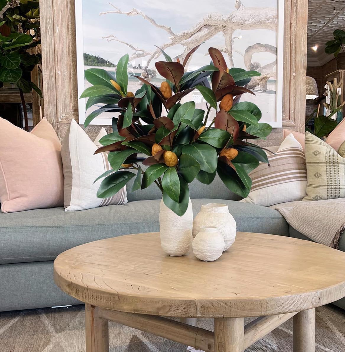 8Pcs - Long 32 Inch Artificial Magnolia Branches with Leaves and Fruit 3D Plastic Printing Houseplant Greenery for Indoor Outdoor Home Wedding Table Centerpiece Decor (Green - Pack of 8)