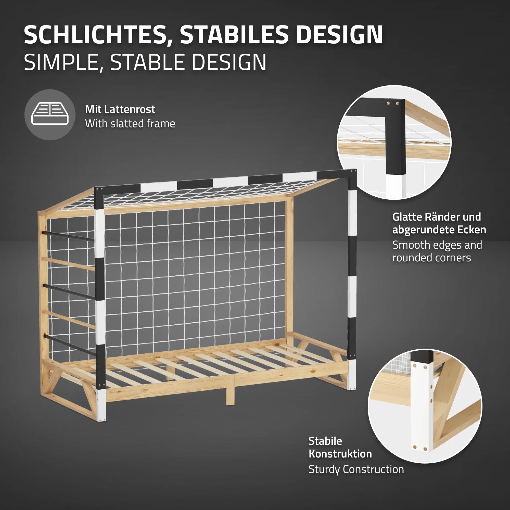 ML-Design Kinderbett Fußballtor 90x200 cm, Holzbett mit Lattenrost und Tornetz, Jugendbett aus Kiefernholz, Einzelbett für Kinder, Bettgestell mit Holzrahmen, Handballtor, Fußballbett-Tor