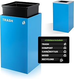 Commercial Indoor Recycle Bin with Lid - 29 Gallon Blue Recycle Bin Recycle Trash Can Office Recycling Bins, Metal Recycling Container with Stickers & 3 Optional Lids Sold Separately
