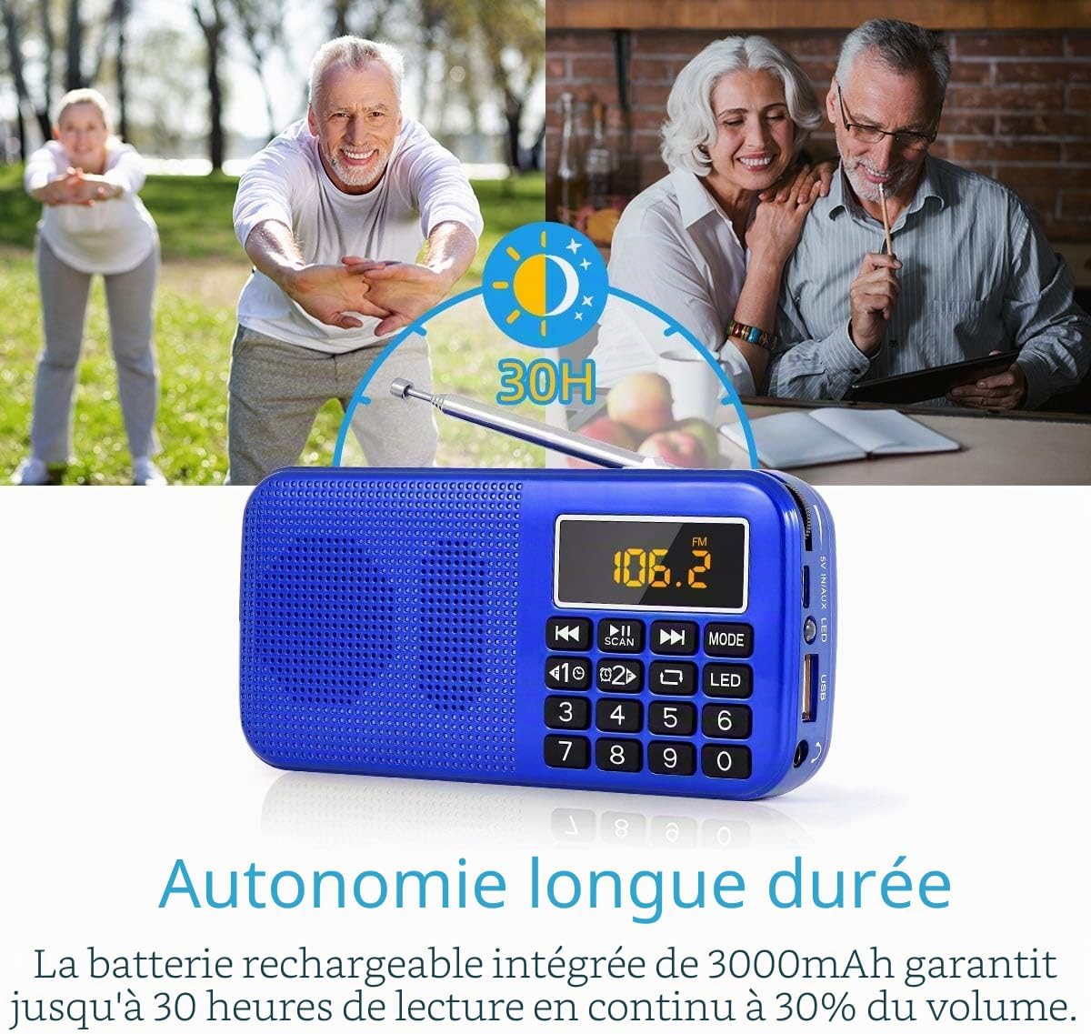 PRUNUS J-725 radio showing long battery life icon and charging indicator