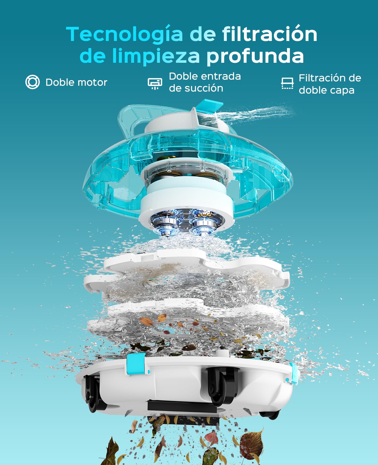 WINNY POOL CLEANER Winny 200 Limpiafondos Piscina, Inalámbrico Robot Limpiafondos Piscina, 75Min Autonomía, Piscinas Desmontables 60m², Doble Filtración,Estacionamiento Auto(Azul Zafiro)