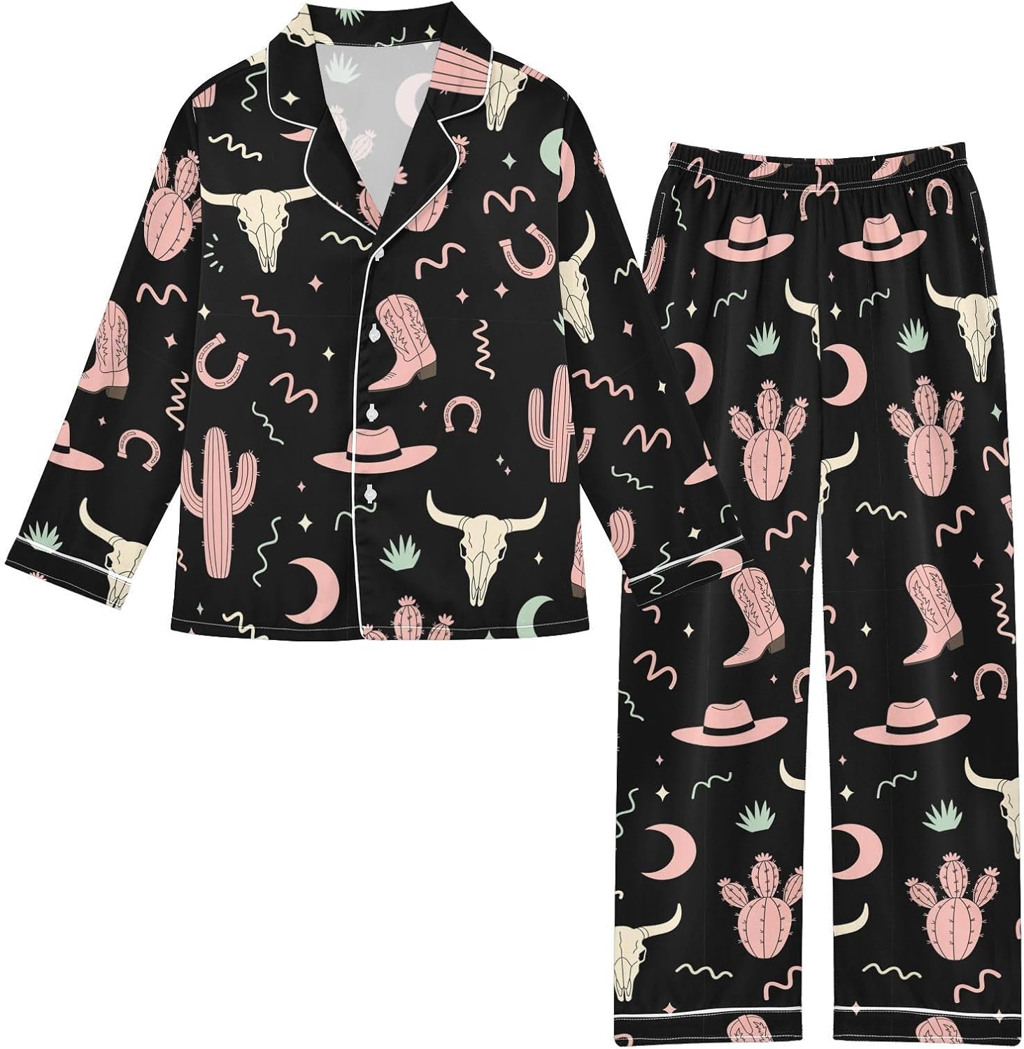 Satin Pajama Sets Short Sleeve Horses Running on Colorful Button Down Silky Nightwear 2 Piece PJS 5-14Y
