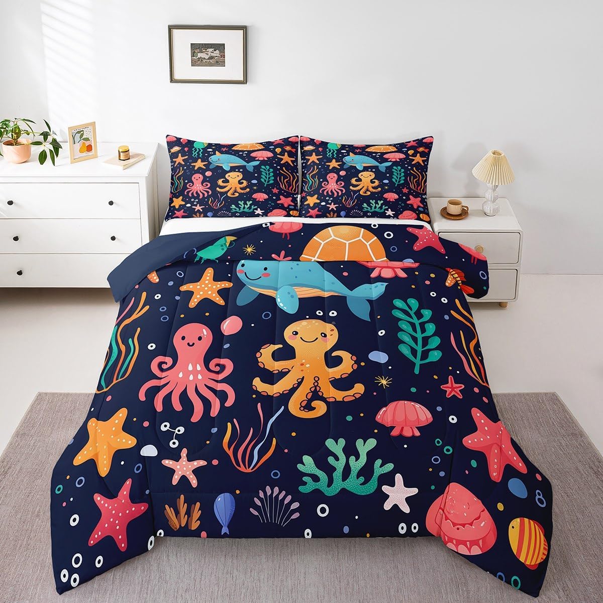 Erosebridal Kids Cartoon Ocean Animals Comforter Set Toddler Cute Unicorn Whale Bedding Set for Boys Girls,Lovely Kawaii Octopus Bedding Comforter Sets Starfish Jellyfish Sealife Quilt Duvet