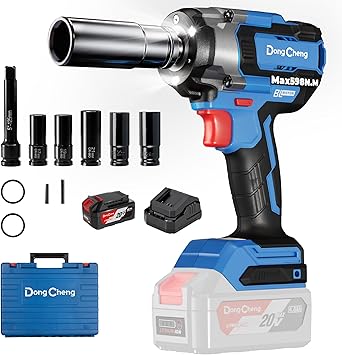 Dong Cheng 20V Brushless Impact Wrench, 800 N.m590ft-lbs, 1/2 Inch Cordless Impact Gun, 4 Speed Mode & Smart Mode, with 5 Impact Sockets, Extension Bar, 4.0Ah Battery, and Storage Box