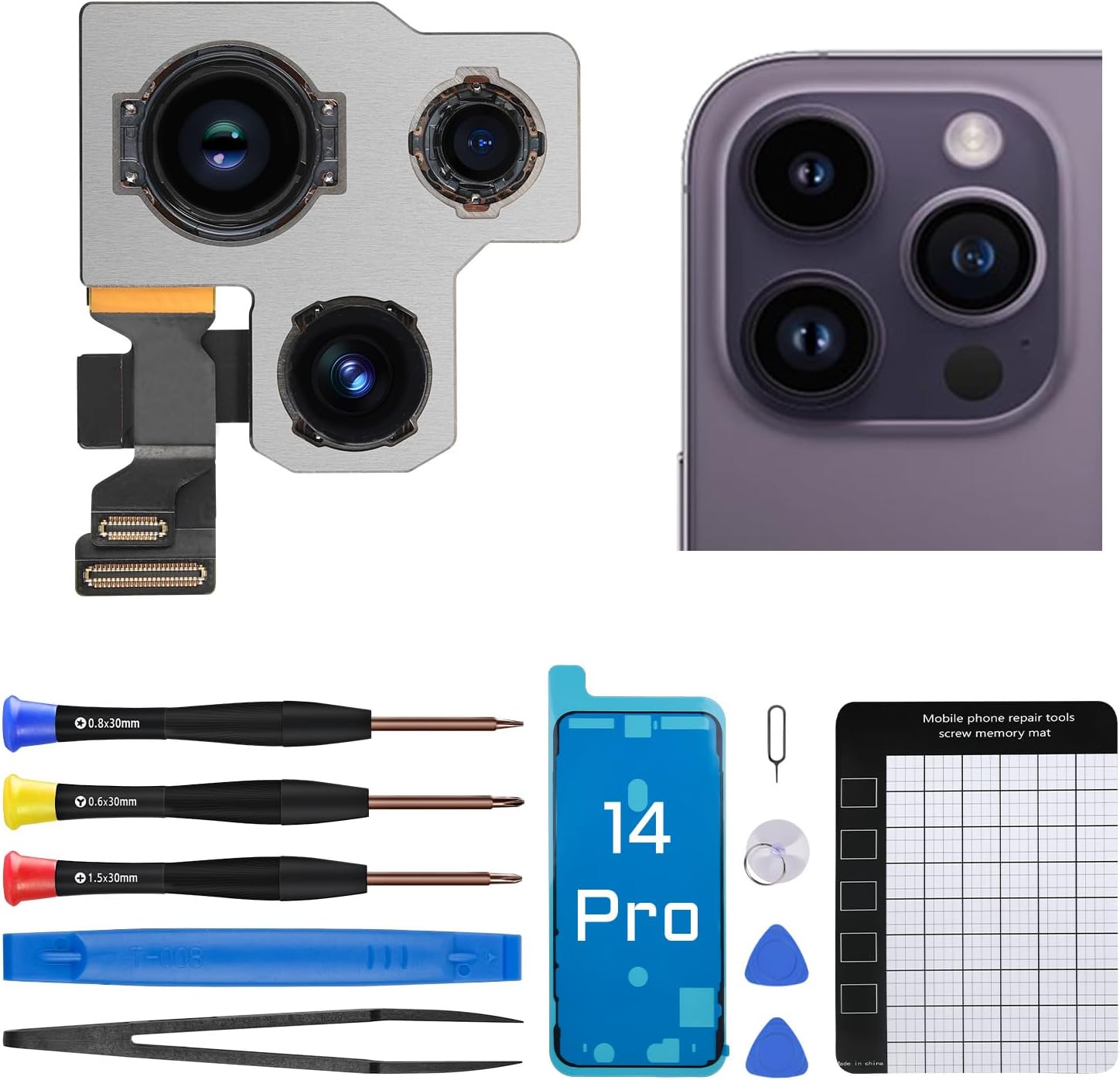 for iPhone 14 Pro Rear Camera Replacement for iPhone 14pro 4K Video Main Back Camera Replace Full Repair Tools Kit with Magnetic Pad Screwdriver A2650 A2889 A2890 A2891 A2892