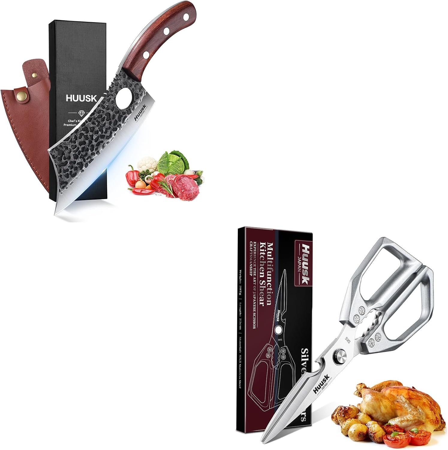 Huusk Kitchen Scissors all Purpose - Stainless Steel Bundle with a Hand-Forged Meat Cleaver,Sharp Silver Meat Scissors,Heavy Duty Poultry Shears, Japanese Cooking Scissor for Food, Chicken Bones, and