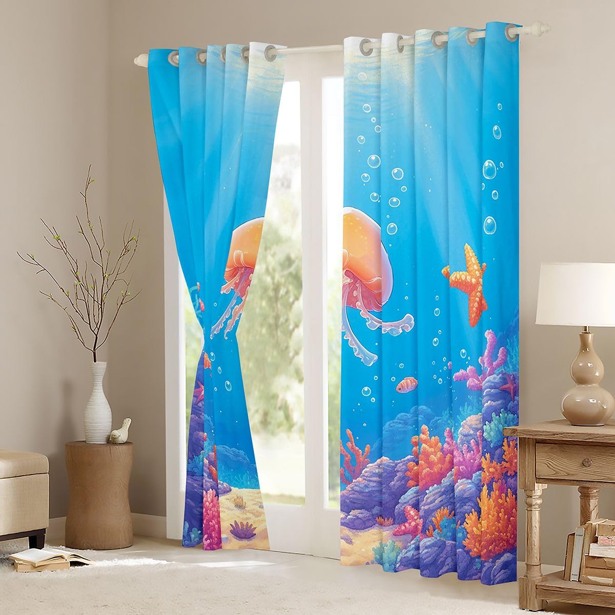 Homemissing Tende oscuranti con meduse per camera da letto e soggiorno, barriera corallina, stelle marine, tende oscuranti a tema oceano, 2 pannelli 116 x 182 cm (larghezza x lunghezza), decorazione