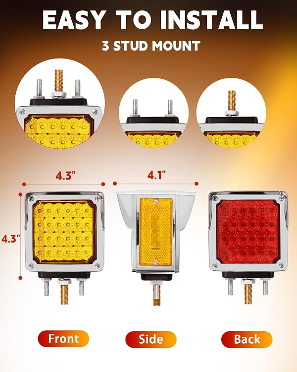 ASNOO 2PCS Amber/Red Square Double Face 60 LED Turn Signal Lights w/Chrome Visor Stud Mount Waterproof Pedestal Fender Lights for Heavy Truck Trailer Freightliner Peterbilt Kenworth Mack Western Star by ASNOO - Image 5