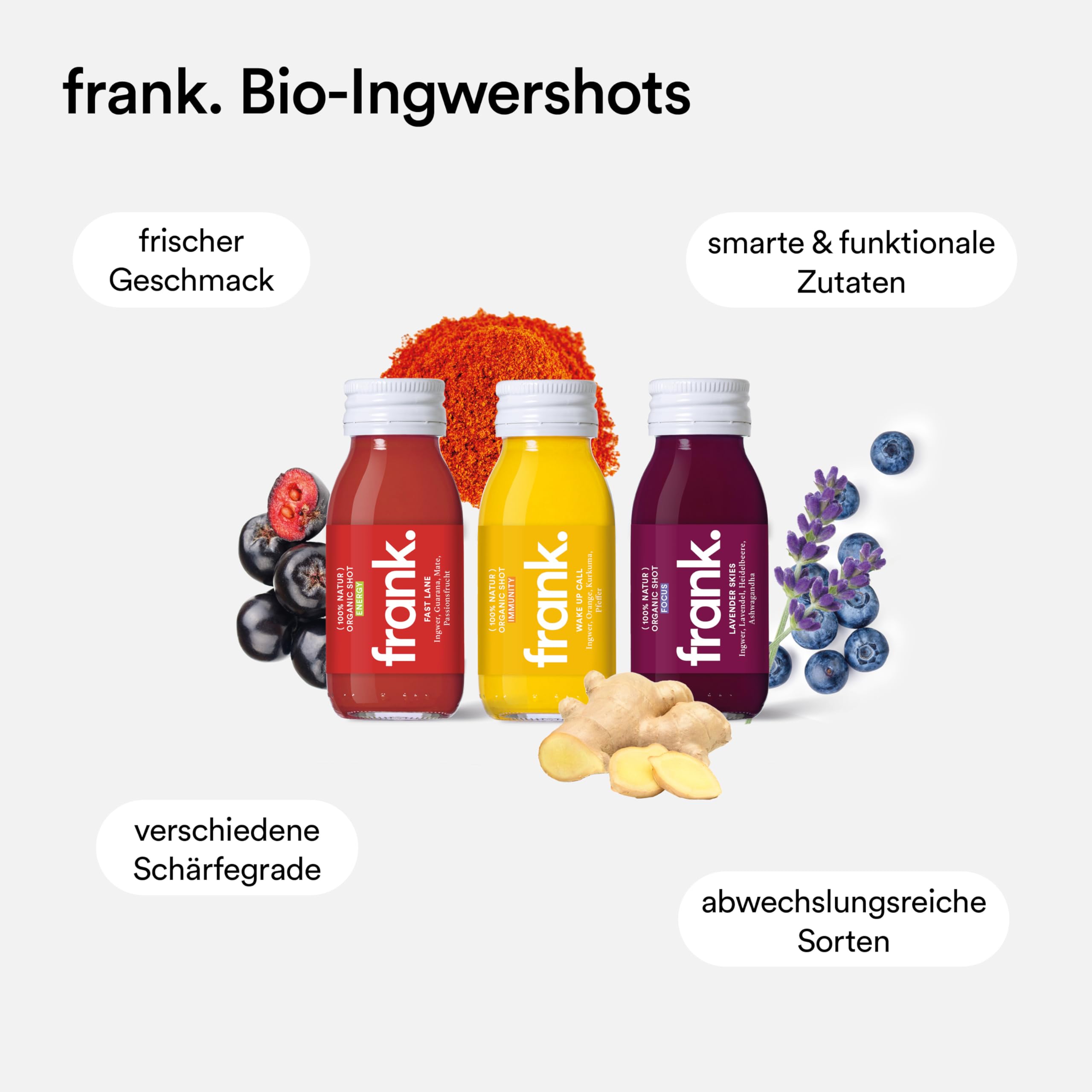 FRANK SHOTKUR - 56 x 60ml - 3 Wochen, Bio Ingwer-Shots mit verschiedenen Ingwer-Gehalten, innovative Mischungen, Vegan, Nachhaltig im Glas, Ohne Konservierungsstoffe